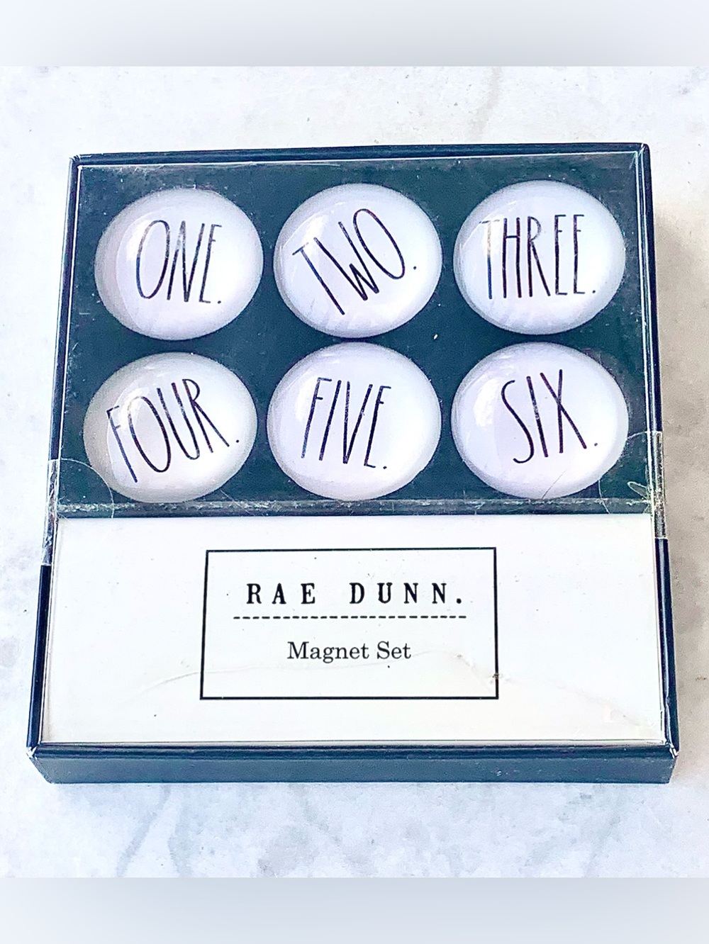 RAE DUNN “ONE” MAGNET SET 6 GLASS ROUND DOME NEW WHITE BLACK FAITH HOPE LOVE